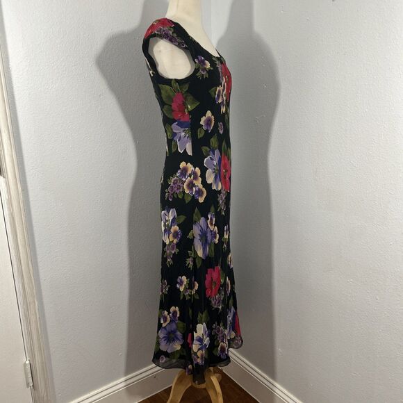 David Warren‎ Midi Dress Woman 8 Black Floral Silk Fairycore Romantic Whimsical - Picture 4 of 7